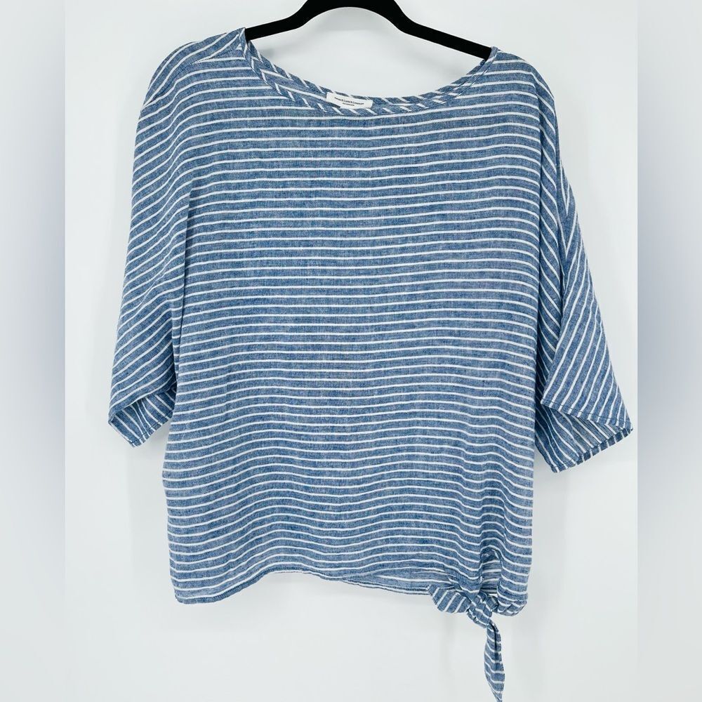Beachlunchlounge Striped Linen Blend Short Sleeve Tie Top Medium